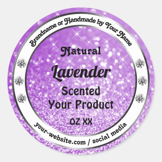 Shimmery Purple きらめくグリッター製品ラベル ラウンドシール (正面)