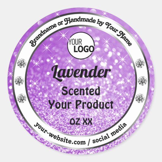 Shimmery Purple Sparkleグリッター製品ラベルロゴ ラウンドシール (正面)