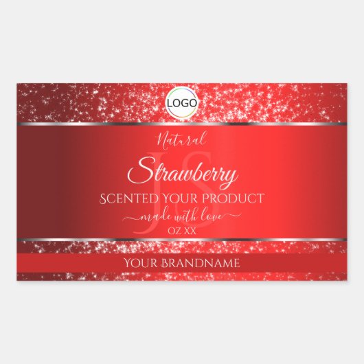 Shimmery Red Logo Initials Glitter Product Labels 長方形シール (正面)