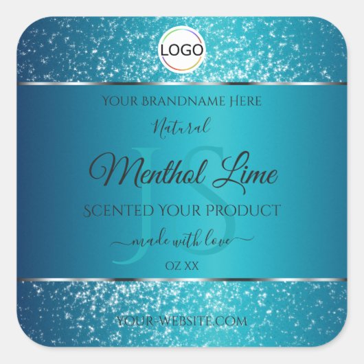 Shimmery Teal Logo Initials Glitter Product Labels スクエアシール (正面)