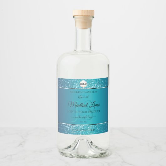 Shimmery Teal Logo Initials Glitter Product Labels リキュールボトルラベル (正面)