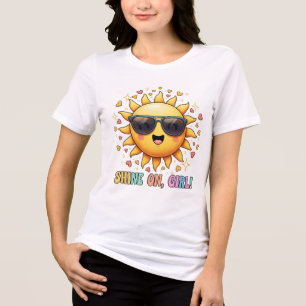 Shine Bright Girl - かわいいパステルカラーの太陽グラフィック トライブレンドTシャツ