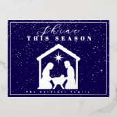 Shine This Season Nativity Christmas Blue Silver 箔シーズンポストカード (正面)