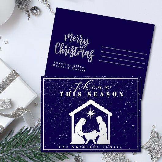 Shine This Season Nativity Christmas Blue Silver 箔シーズンポストカード