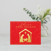 Shine This Season Nativity Christmas Red Gold 箔シーズンポストカード (立ち正面)