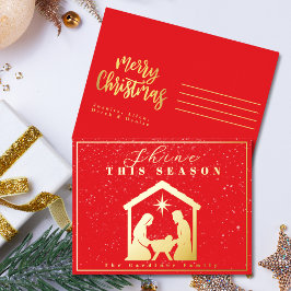 Shine This Season Nativity Christmas Red Gold 箔シーズンポストカード