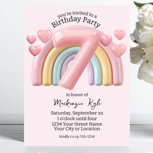 Shiny 3D Rainbow 7th Birthday Party For Girl Pink 招待状