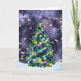 Shiny Christmas tree with bright colored baubles カード