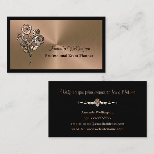 Shiny Copper Floral Event Planner Business Card 名刺 (正面/裏面)