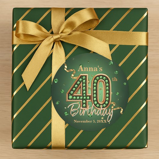 Shiny Emerald Green and Gold Accents 40th Birthday ラウンドシール