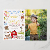 Shiny Farm Animals Bash Birthday Party写真 箔招待状 (正面)