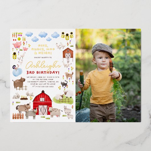Shiny Farm Animals Bash Birthday Party写真 箔招待状 (正面)