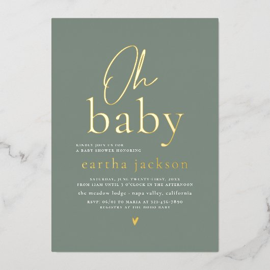 Shiny Oh Baby Script Sage Green Boho Baby Shower 箔招待状 (正面)