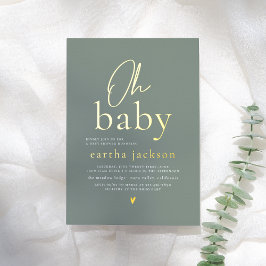 Shiny Oh Baby Script Sage Green Boho Baby Shower 箔招待状