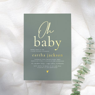 Shiny Oh Baby Script Sage Green Boho Baby Shower 箔招待状