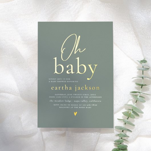 Shiny Oh Baby Script Sage Green Boho Baby Shower 箔招待状