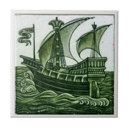 Ship By William * De Morgan Green Eggshell | タイル (正面)