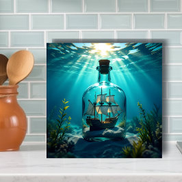 Ship in a Bottle Floating on the Ocean  タイル