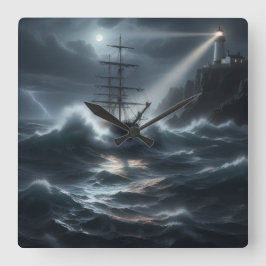 Ship in a storm guided by lighthouse - スクエア壁時計