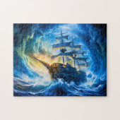 Ship in Glowing Blue Ocean Fantasy Painting ジグソーパズル (横)