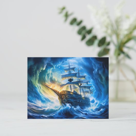Ship in Glowing Blue Ocean Fantasy Painting ポストカード (スタンド正面)