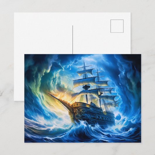 Ship in Glowing Blue Ocean Fantasy Painting ポストカード (正面/裏面)