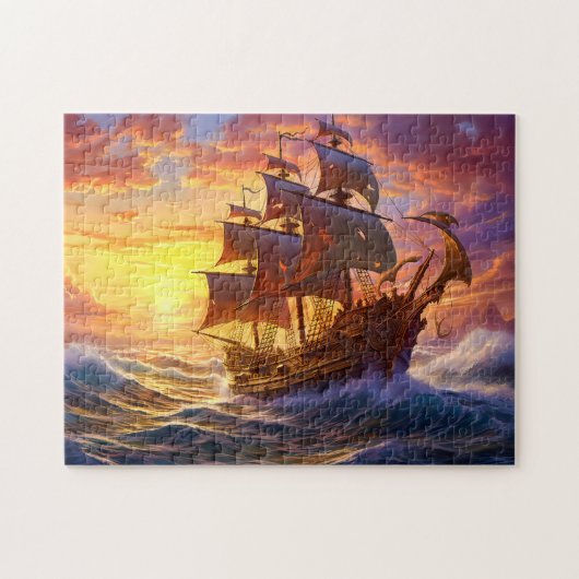 Ship in Golden Sunset Storm Fantasy Painting ジグソーパズル (横)