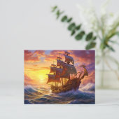 Ship in Golden Sunset Storm Fantasy Painting ポストカード (スタンド正面)