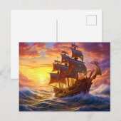Ship in Golden Sunset Storm Fantasy Painting ポストカード (正面/裏面)