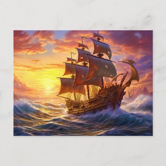 Ship in Golden Sunset Storm Fantasy Painting ポストカード (正面)