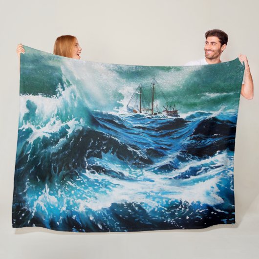 Ship In the Sea in Storm, 航海の Navy Blue フリースブランケット (インサイチュ)