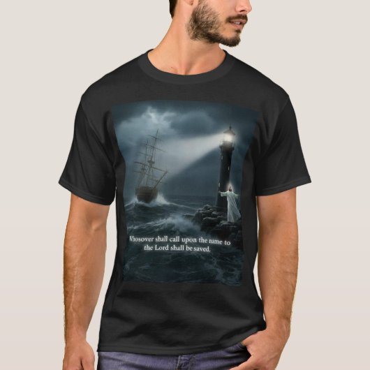 Ship tossed at sea Lighthouse scene T-Shirt Tシャツ (正面)