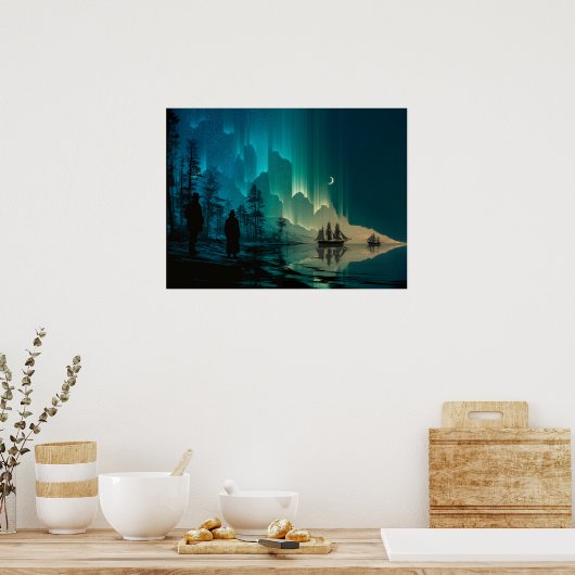 Ships under the crescent moon and Northern Lights ポスター (キッチン)