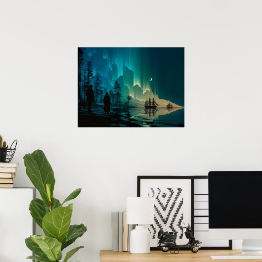 Ships under the crescent moon and Northern Lights ポスター (ホームオフィス)