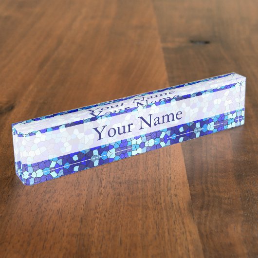 Shirley Taylorによるブルーステンドグラスの色合い デスクネームプレート (側面)