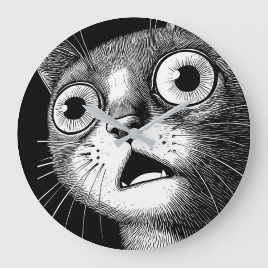 Shocked Cat Minimalist Black & White Clock ラージ壁時計 (正面)