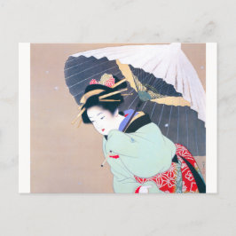 Shoen Uemura 上村松園 冬 雪 傘 着物 女性 舞妓 芸者 日本画 美人画 浮世絵 緑 ポストカード
