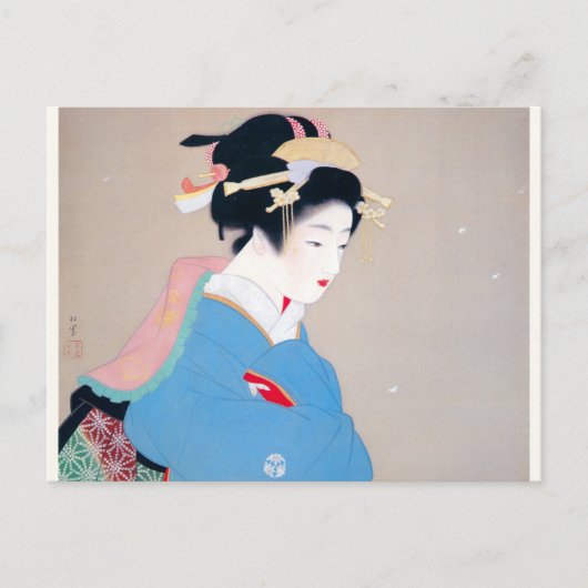 Shoen Uemura 上村松園 着物 女性 冬 雪 舞妓 芸者 日本画 美人画 浮世絵 青 ポストカード (正面)