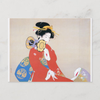 Shoen Uemura 上村松園 着物 女性 太鼓 楽器演奏 芸者 日本画 美人画 浮世絵 赤 青 ポストカード