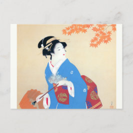 Shoen Uemura 上村松園 秋 紅葉 着物 女性 芸者 日本画 美人画 浮世絵 オレンジ 青 ポストカード