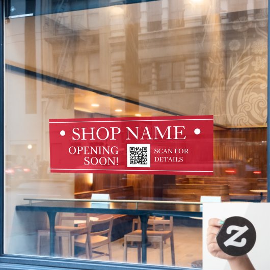 SHOP NAME, Opening Soon, QR Code, Red & White ウィンドウサイン (カフェ窓)