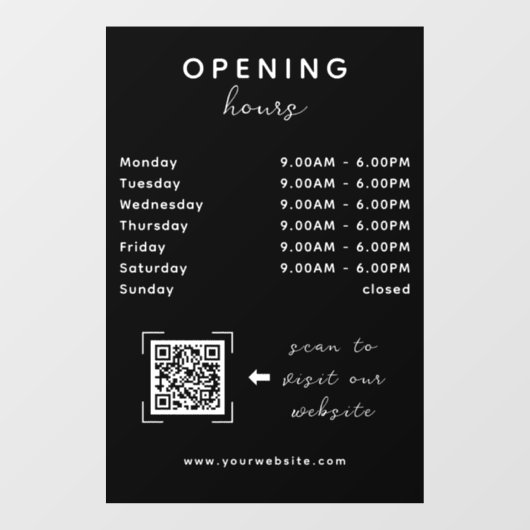 Shop Open Timing QR Code Sleek Black ウィンドウサイン (シート)