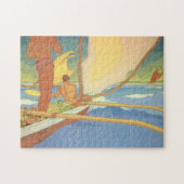 「Shoreのために先頭に立たれる舷外浮材付きのカヌーの人 ジグソーパズル (横)