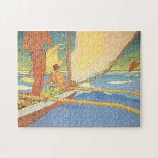 「Shoreのために先頭に立たれる舷外浮材付きのカヌーの人 ジグソーパズル (横)