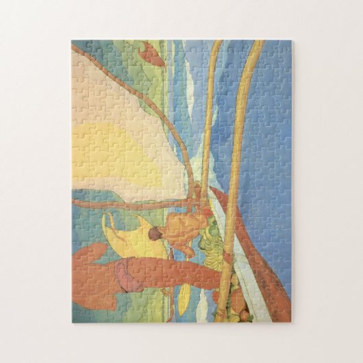 「Shoreのために先頭に立たれる舷外浮材付きのカヌーの人 ジグソーパズル (縦)