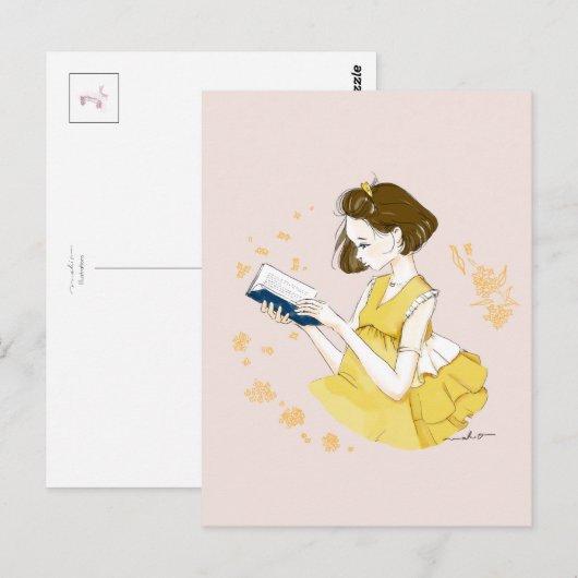 Short Bob Girl Reading Illustration ポストカード (正面/裏面)