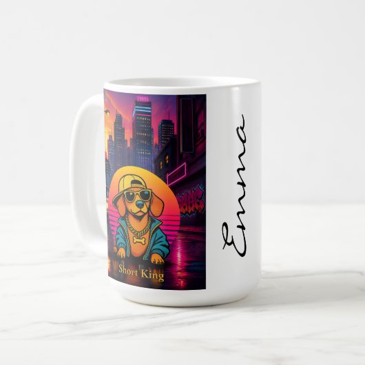 Short King Dachshund Retro 80s Mug, Custom Name コーヒーマグカップ (正面左)