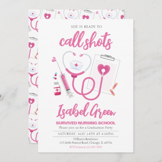Shotsを呼び出す準備ができてナース卒業 招待状 (正面/裏面)