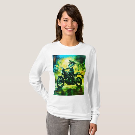 SHOWBIKEバイクもしくは自転車に乗る人女性 Tシャツ (正面フル)