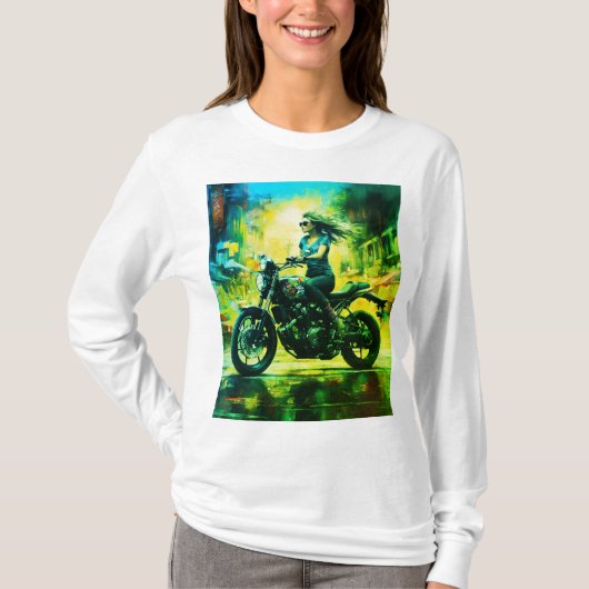 SHOWBIKEバイクもしくは自転車に乗る人女性 Tシャツ (正面)